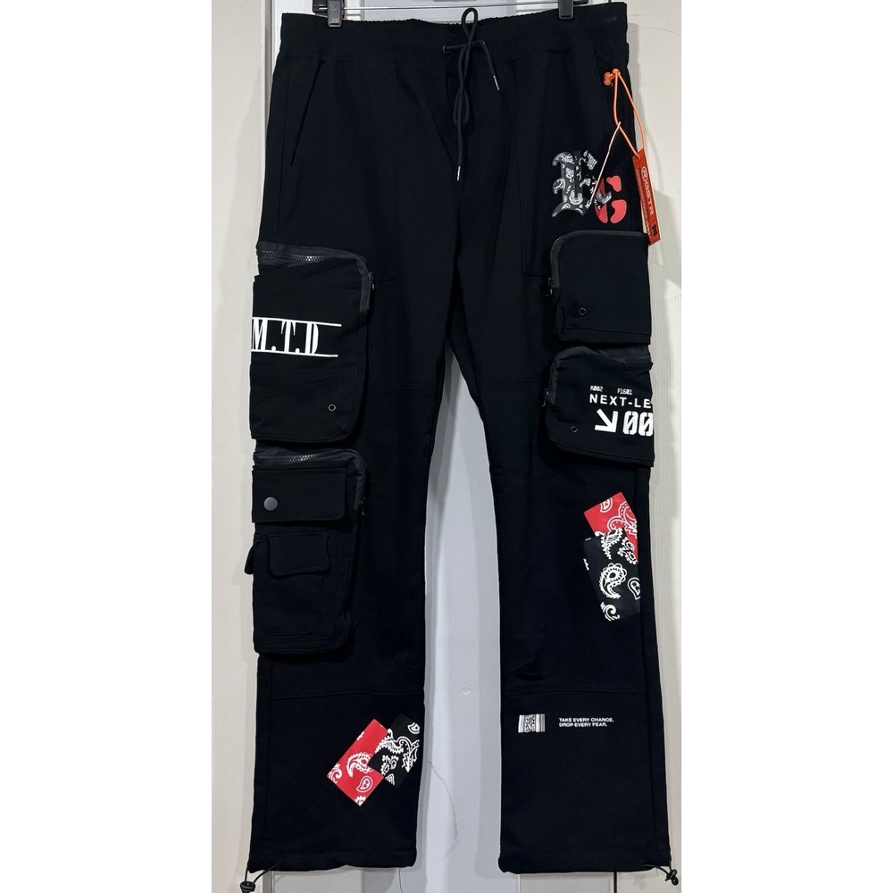 RGSTR Men's XL Black Graphic Cargo Pants Multi Pocket Drawstring NWT